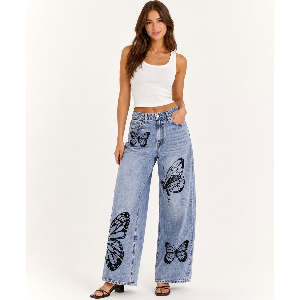 Y2K Butterfly Wide Leg Jeans Womens 26 Baggy High Rise Graphic Denim Streetwear